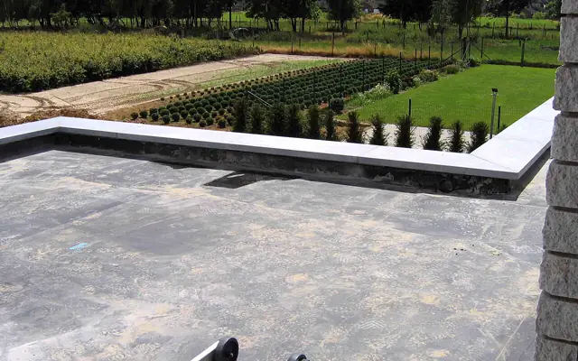 Example photo: Flat roof covered in a gray rubber membrane